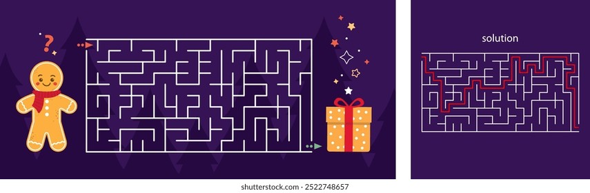 Vector colorful Christmas maze for children. Mini-game labyrinth. Puzzle game. Gingerbread man. With a solution.