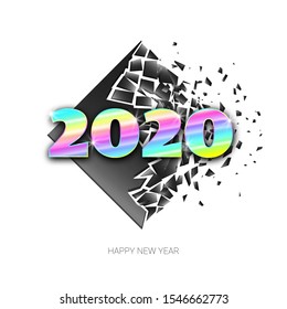 Vector colorful christmas poster with shiny rainbow 2020 and explosion of transparent black rhombus isolated on white background. Text Happy New Year.