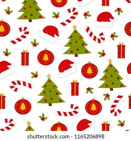 Vector colorful Christmas seamless pattern. Seamless pattern with Christmas tree, Christmas ball, candy, gift box, Santa hat and Christmas holly berry. 