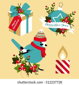 Vector colorful christmas set with icons of decorations