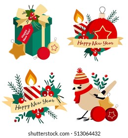 Vector colorful christmas set with new year decoration items.