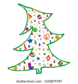 Vector colorful Christmas tree decorate with lights, stars, bows, snowflakes and socks. Doodle. Hand drawn. Isolated on white.