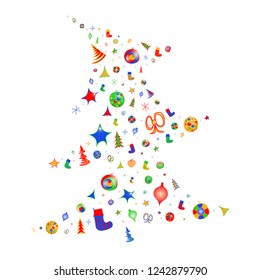 Vector colorful Christmas tree decorate with lights, stars, bows, snowflakes and socks. Doodle. Hand drawn. Isolated on white.