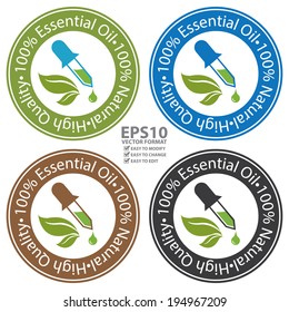 Vector : Colorful Circle 100 Percent Essential Oil, 100 Percent Natural and High Quality Sticker, Label or Icon Isolated on White Background
