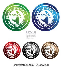 Vector : Colorful Circle 100 Percent Pure Essential Oil, All Natural Icon, Sticker or Label Isolated on White Background 