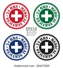 Vector : Colorful Circle 24 HRS Medical Services With Cross Sign Icon, Sticker or Label Isolated on White Background 