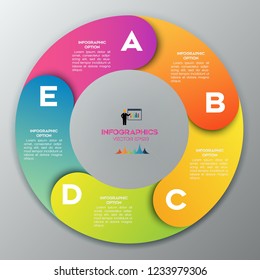 Vector Colorful circle chart infographic template with 5 options for presentations, advertising, layouts, annual reports.
