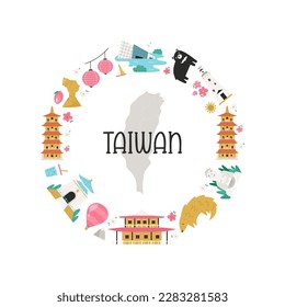 Vector colorful circle design, banner with icons, famous symbols of Taiwan. Illustration for posters, banners, tour guides, magazines.