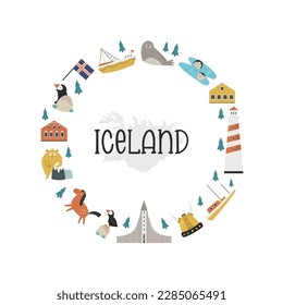 Vector colorful circle design, banner with icons, famous symbols of Iceland. Illustration for posters, banners, tour guides, magazines.