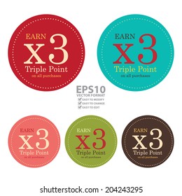 Vector : Colorful Circle Earn x3 Triple Point on All Purchases Icon, Label or Sticker Isolated on White Background 