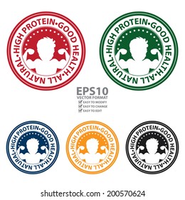 Vector : Colorful Circle High Protein, Good Health, All Natural Icon, Sticker or Label Isolated on White Background