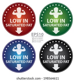 Vector : Colorful Circle Low In Saturated Fat With Bodybuilder Or Muscle Man Sign Sticker, Label Or Icon Isolated On White Background 