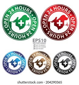 Vector : Colorful Circle Metallic or Glossy Style Open 24 Hours Animal Hospital or Veterinary Clinic Icon, Label, Button or Sticker Isolated on White Background 
