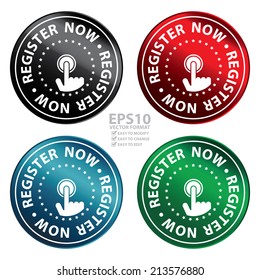 Vector : Colorful Circle Metallic Register Now Icon,Sticker or Label Isolated on White Background 