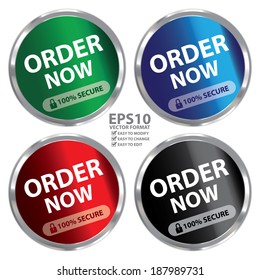 Vector : Colorful Circle Metallic Style Order Now 100 Percent Secure Icon, Button or Label Isolated on White Background