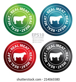 Vector : Colorful Circle Metallic Style Real Meat Icon, Sticker or Label For Livestock, Restaurant, Food or Butchery Business Isolated on White Background 