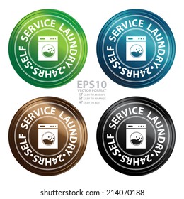 Vector : Colorful Circle Metallic Style Self Service Laundry 24HRS Icon, Sticker or Label For Laundry Business Isolated on White Background 