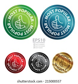 Vector : Colorful Circle Metallic Style Most Popular Icon, Sticker, Label or Badge Isolated on White Background 