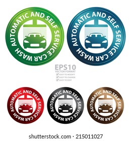 Vector : Colorful Circle Metallic Style Automatic and Self Service Car Wash Icon, Sticker or Label Isolated on White Background 