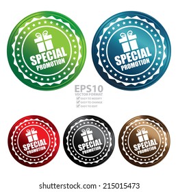 Vector : Colorful Circle Metallic Style Special Promotion With Gift Box Sign Icon, Label or Sticker Isolated on White Background 
