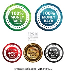 Vector : Colorful Circle Metallic Style 100 Percent Money Back Guarantee Icon, Sticker or Label Isolated on White Background 