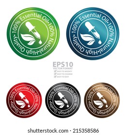 Vector : Colorful Circle Metallic Style 100 Percent Essential Oil, 100 Percent Natural and High Quality Sticker, Label or Icon Isolated on White Background 