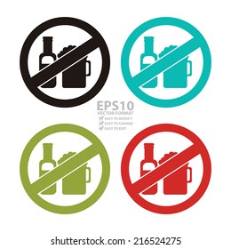 Vector : Colorful Circle No Alcohol Prohibited Sign, Icon or Label Isolate on White Background 