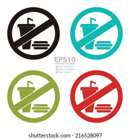 Vector : Colorful Circle No Food and Drink or No Eating and Drinking Prohibited Sign, Icon or Label Isolate on White Background 