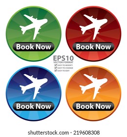 Vector : Colorful Circle Shiny Style Flight Booking Icon, Sticker or Label Isolated on White Background 