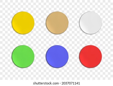 Pegatinas circulares coloreadas vectoriales aisladas sobre fondo transparente claro, formas redondeadas de papel coloreado.