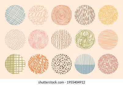 Texturas de círculo coloridas vectoras hechas con tinta, lápiz, pincel. Formas geométricas de garabatos, puntos, trazos, rayas, líneas. Conjunto de patrones dibujados a mano. Plantilla para medios sociales o afiches.