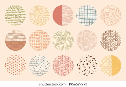 Vector colorful circle textures made with ink, pencil, brush. Geometric doodle shapes of spots, dots, strokes, stripes, lines. Set of hand drawn patterns. Template for social media or posters.