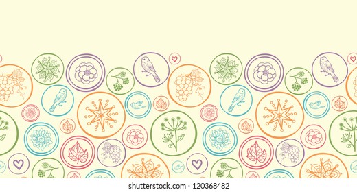 Vector colorful circles horizontal seamless pattern ornament background with many symbols inside circles.