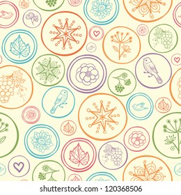 Vector colorful circles seamless pattern background with many symbols inside circles.