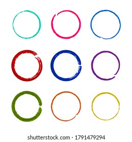 Vector colorful circles set isolated on white background, bright colors, round shapes, brush strokes, blank frames.