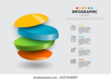 Plantilla de infografía apilada de círculos coloridos vectoriales con 3D para diagramas, gráficos, presentaciones y gráficos conceptuales de negocios con 4 opciones.