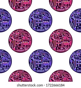 Vector Colorful Circuit Board Sphere Seamless Pattern on White Background. Flat Design. Modern Computer Technology Texture. High Tech Printed Symbol.