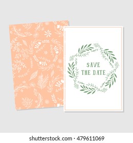 Vector colorful circular floral wreaths with herbs. Save the Date. Wedding invitation.