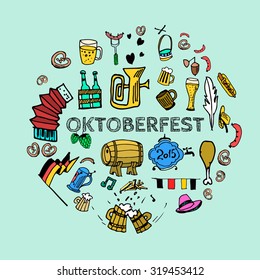 Vector colorful circular illustration with Octoberfest symbols in doodle style. Isolated on light green background. Beer, barrel, flag, hat, fork, sausage, accordion, hops