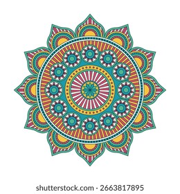 Vector colorful circular mandala isolated on white background. Tribal ornament in green, red, yellow colors. Oriental pattern, vintage decorative element for book, card, textile, fashion print