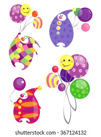 Vector colorful circus clowns with balloons isolated on a white background.