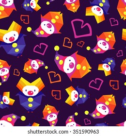 Vector colorful circus pattern with clowns and hearts on dark violet background. Seamless pattern can be used for wallpaper, pattern fills, web page background,surface textures.