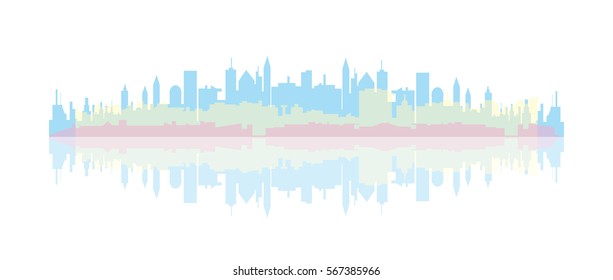 Vector colorful cityscape illustration with reflection