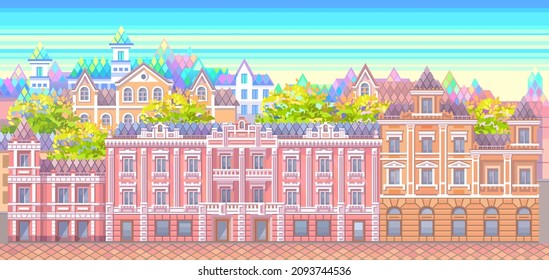 Vector colorful cityscape. Street with trees and old style buildings.