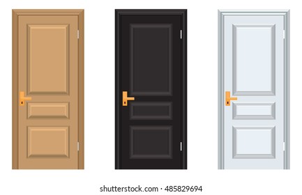Vector colorful Closed Door with Frame Isolated on Background. Realistic and Flat color style design. White black and brown color doors