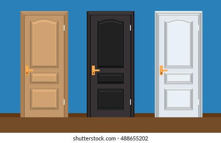 Vector colorful Closed Door with Frame Isolated on Background. Realistic and Flat color style design. White black and brown color doors