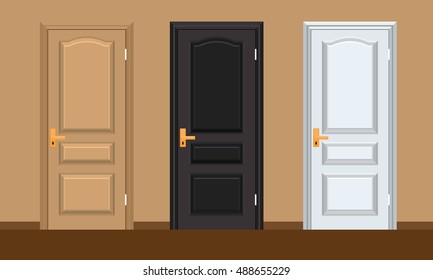 Vector colorful Closed Door with Frame Isolated on Background. Realistic and Flat color style design. White black and brown color doors