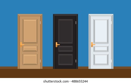 Vector colorful Closed Door with Frame Isolated on Background. Realistic and Flat color style design. White black and brown color doors