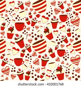 Vector colorful coffee time seamless pattern. Cup of coffee and cupcakes. Coffee seamless background
