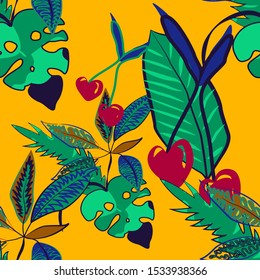 Vector colorful collage contemporary natural seamless pattern. Modern abstract shapes, hand drawn textures, tropical leaves and plants. Vector pattern with exotic abstract flowers for any purposes